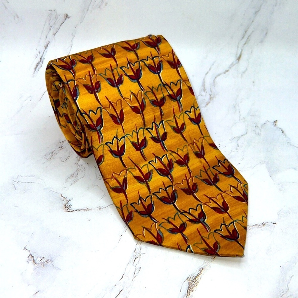 ERMENEGILDO ZEGNA Luxury Silk Tie, Gold, Navy & Burgundy Tulip Motif